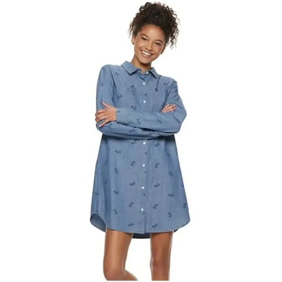 Disney Womens Mickey Denim Long Sleeve Chambray Shirt Dress S Blue Button Down - Picture 1 of 9